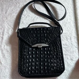 Black Leather Faux Crocodile-Pattern Crossbody Bag